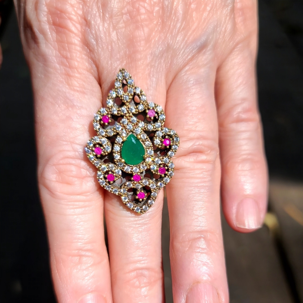 Emerald Rubies & White Topaz Turkish Ottoman Style Ring sz7.5 💍